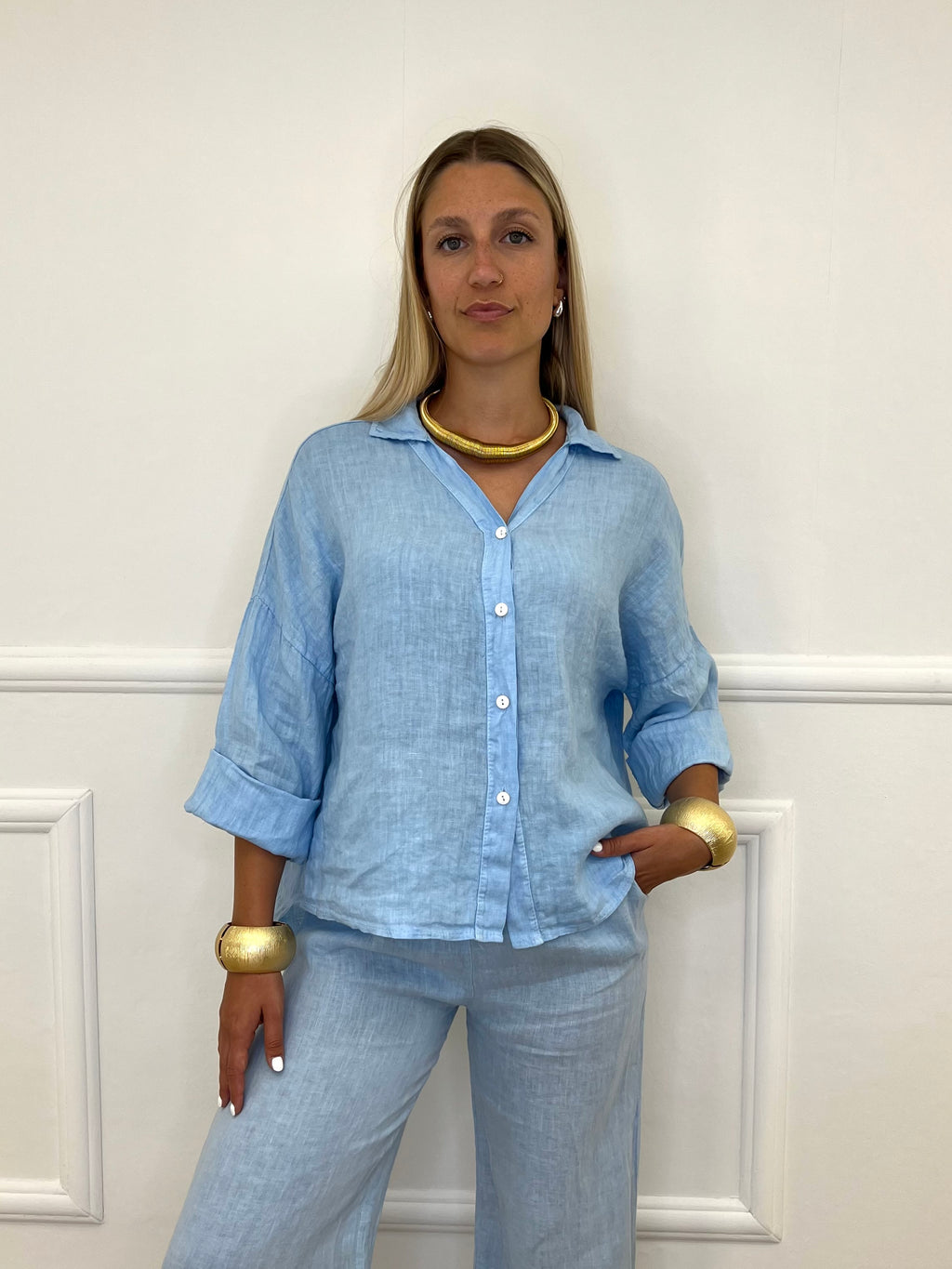 Camicia Scatoletta Lino 89303 Azzurro