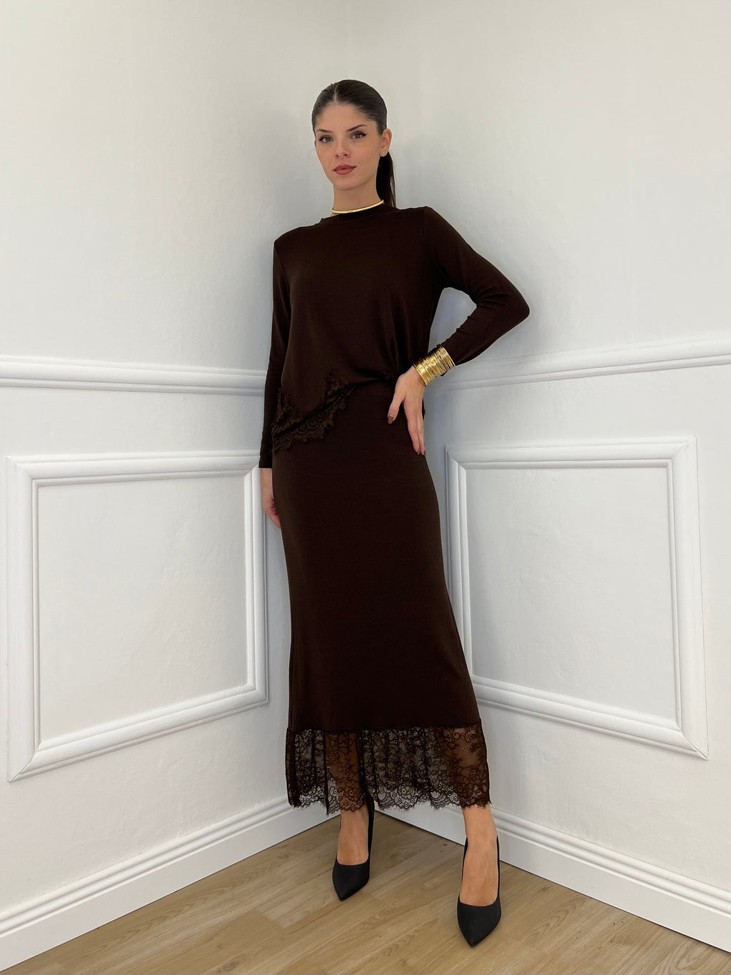 Gonna in Maglia Pizzo 2187 Moro