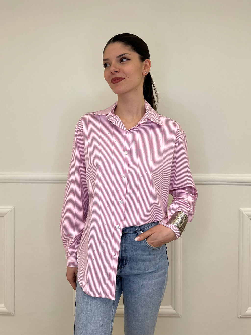 Camicia a Righe Micro Strass 82046 Rosa