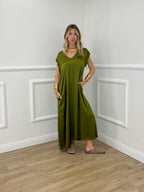 Vestito In Raso di Viscosa A00850 Verde Olio