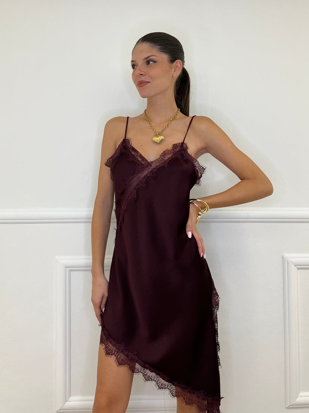 Vestito Asimmetrico Pizzo 19652 Burgundy