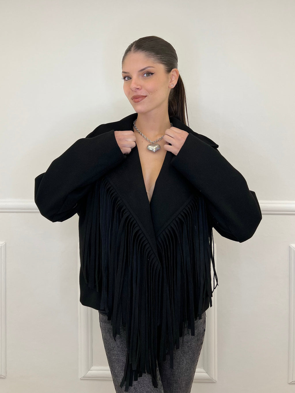 Giacca Cappotto Frange 11903 Nero