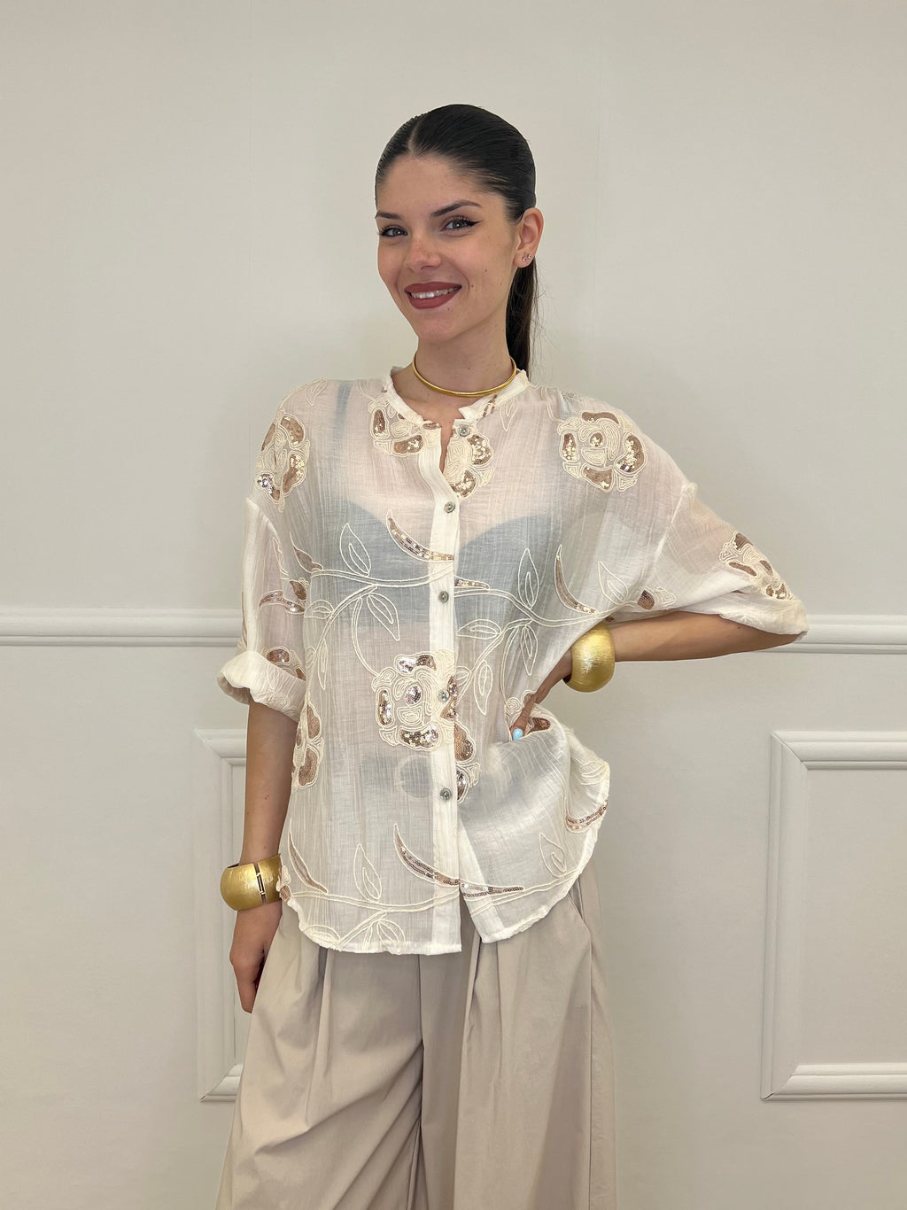 Camicia Strop Ricami e Paillettes 93-A03 Ecru