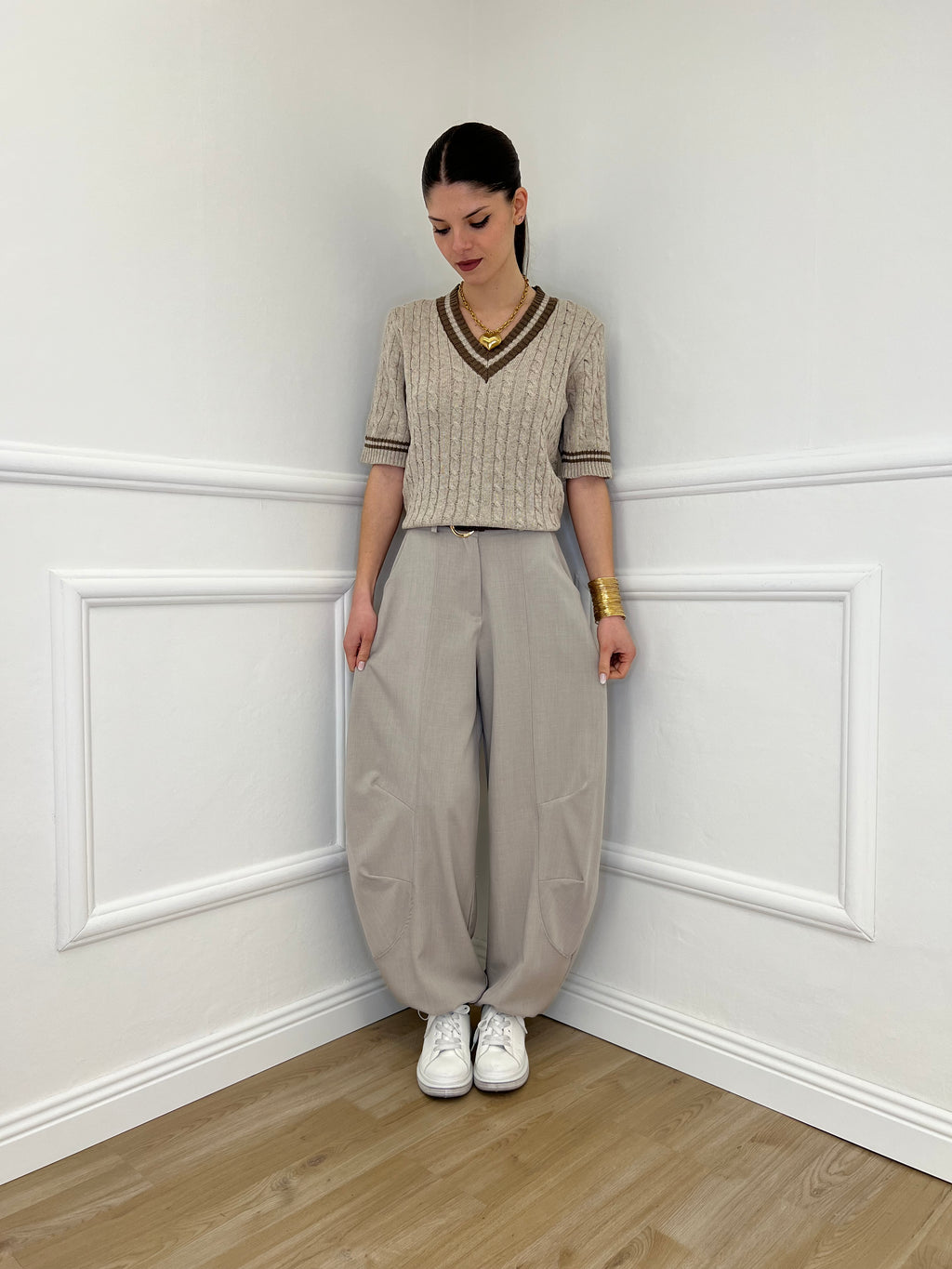 Maglia Trecce Profili a Contrasto 9467 Taupe e Moro