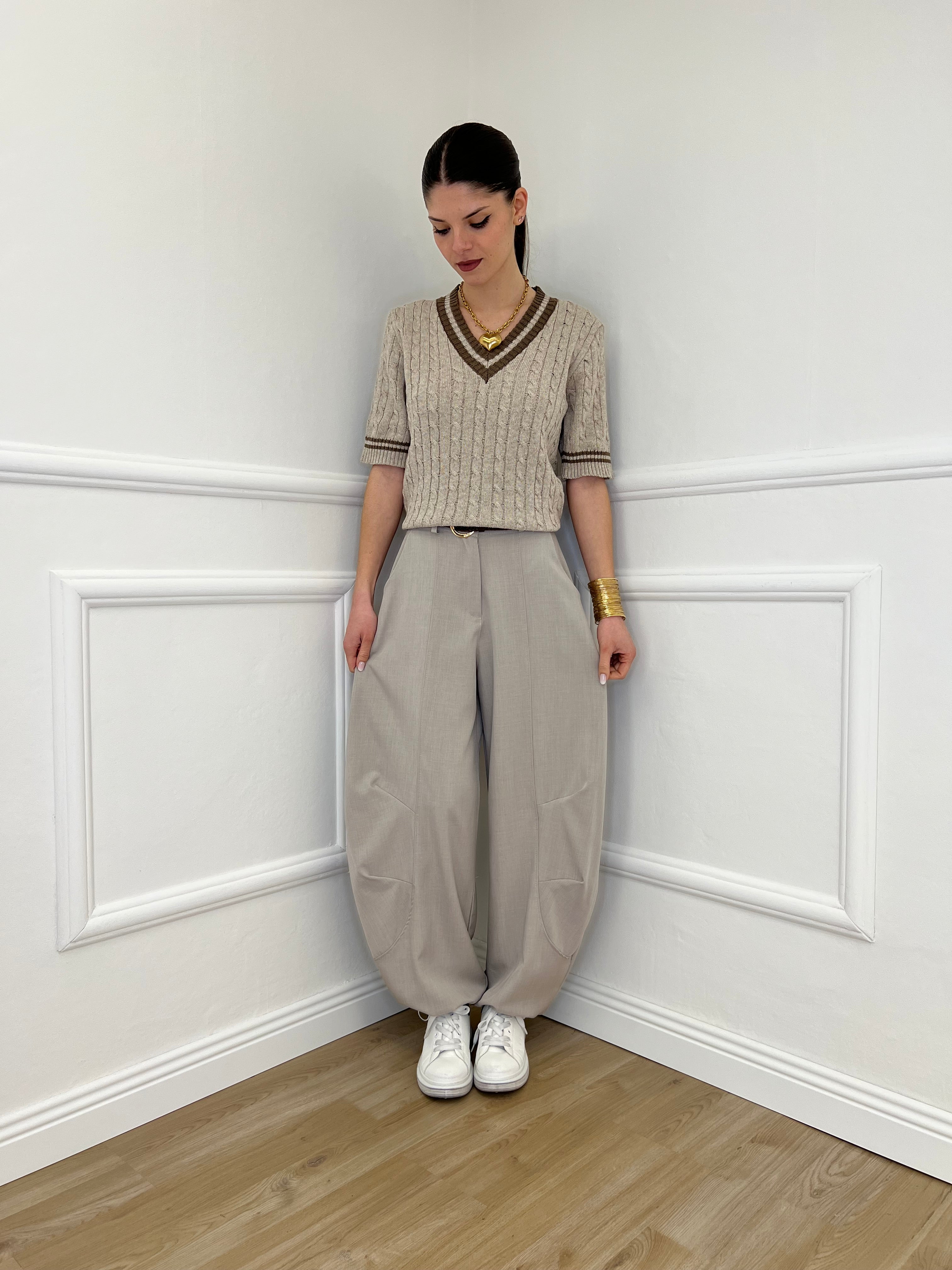 Maglia Trecce Profili a Contrasto 9467 Taupe e Moro