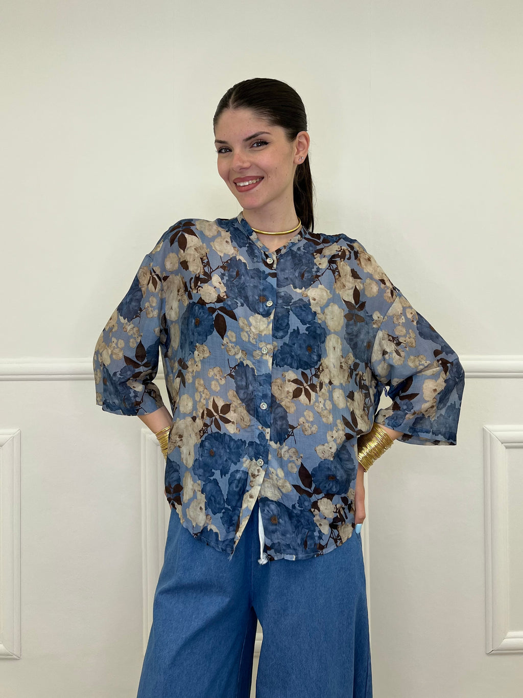 Camicia Fiori Cotone e Seta 93-242 Avio