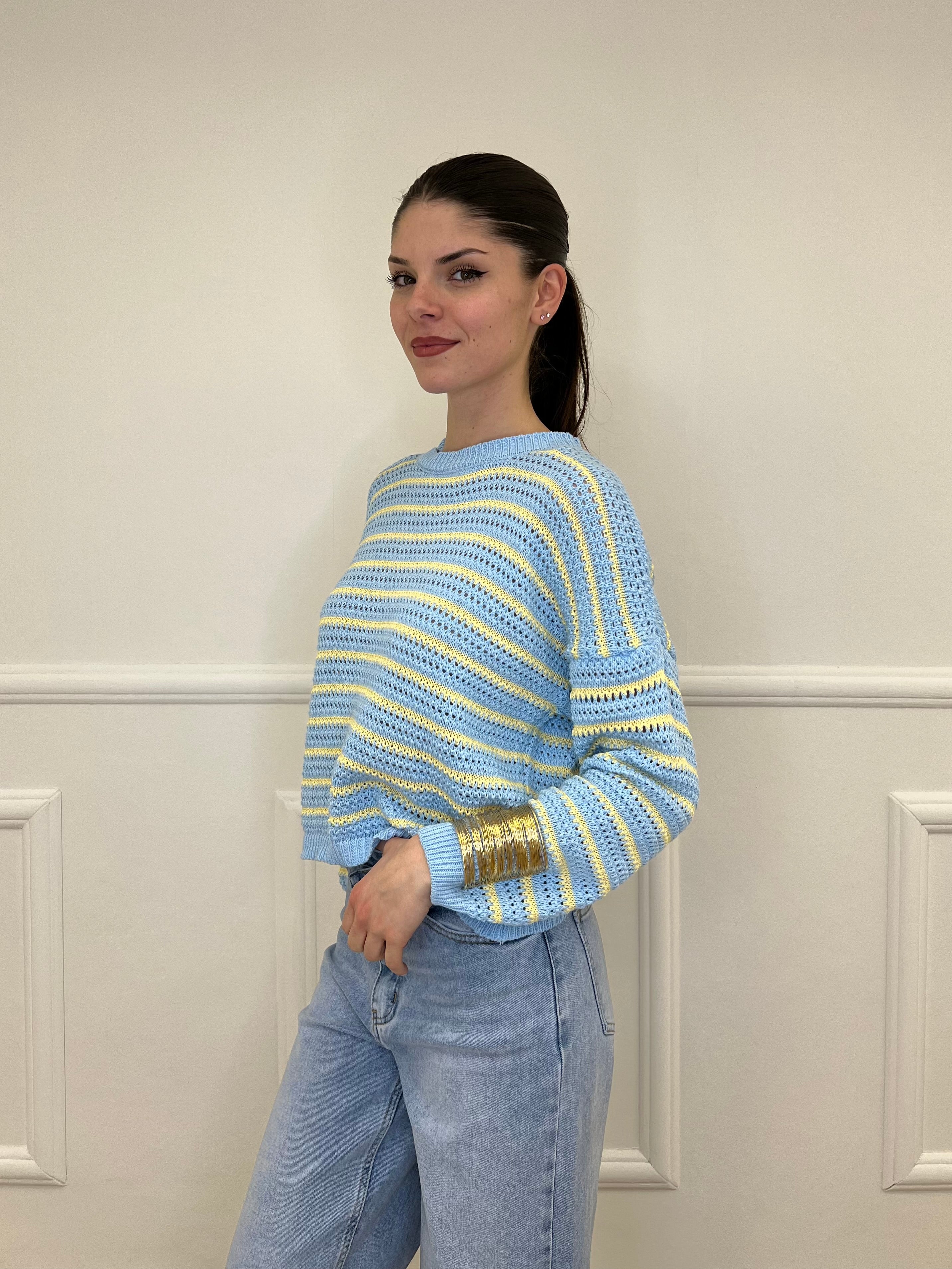 Maglia Traforata Bicolore M3063 Azzurro e Giallo