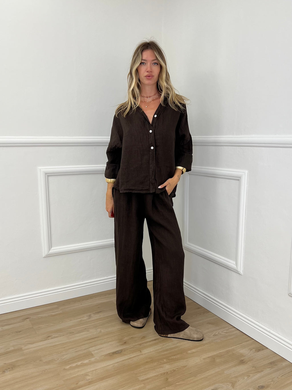 Camicia Scatoletta Lino 89303 Marrone