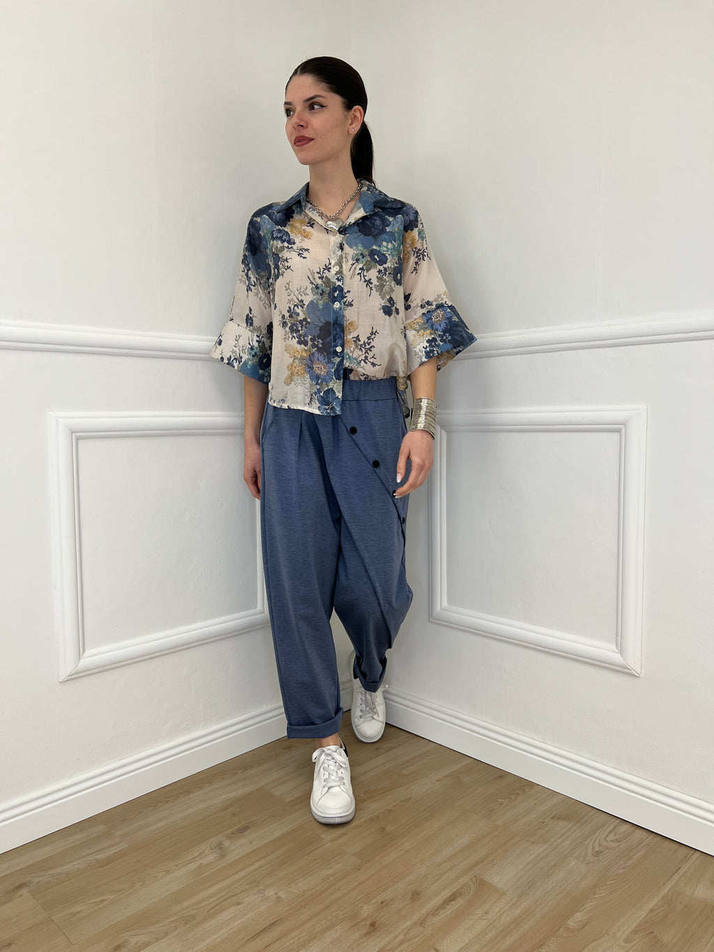 Camicia Tencel Crop Fiori 4099 Blu