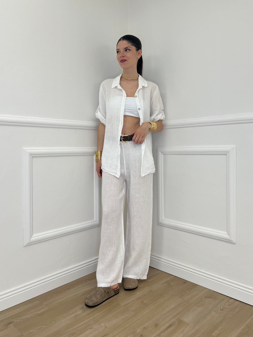 Pantalone Lino Cintura 22525 Bianco