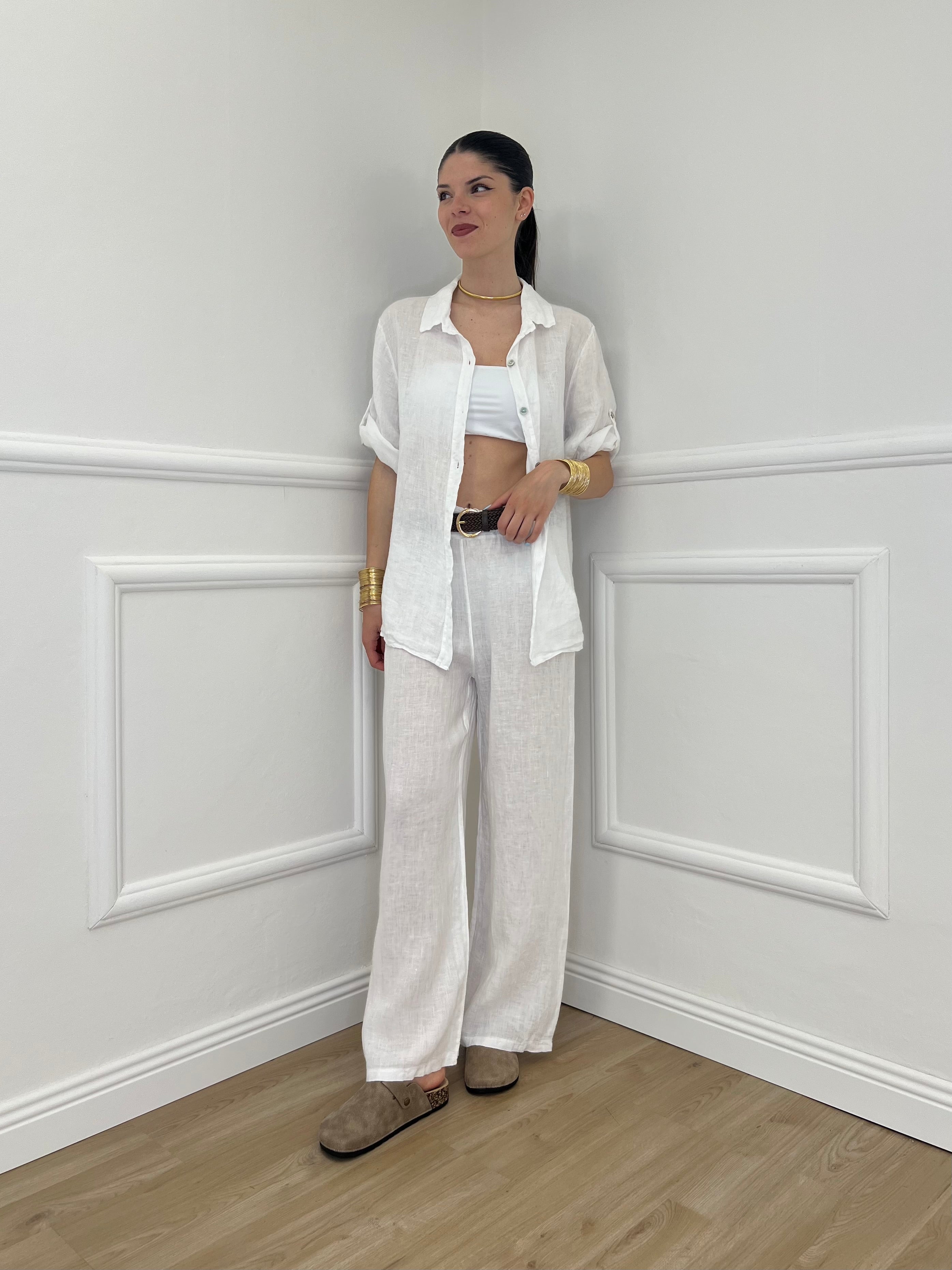 Pantalone Lino Cintura 22525 Bianco
