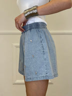 Completo Shorts Denim Con Strass 3048 Azzurro