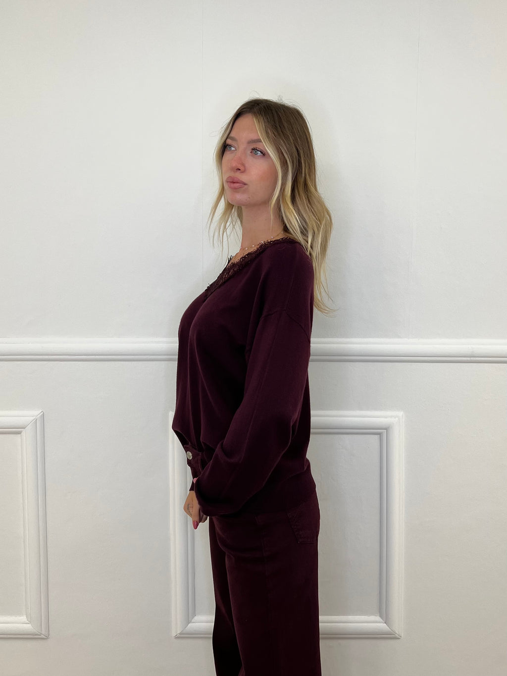 Maglia Scollo a V Over Con Pizzo 5588 Burgundy