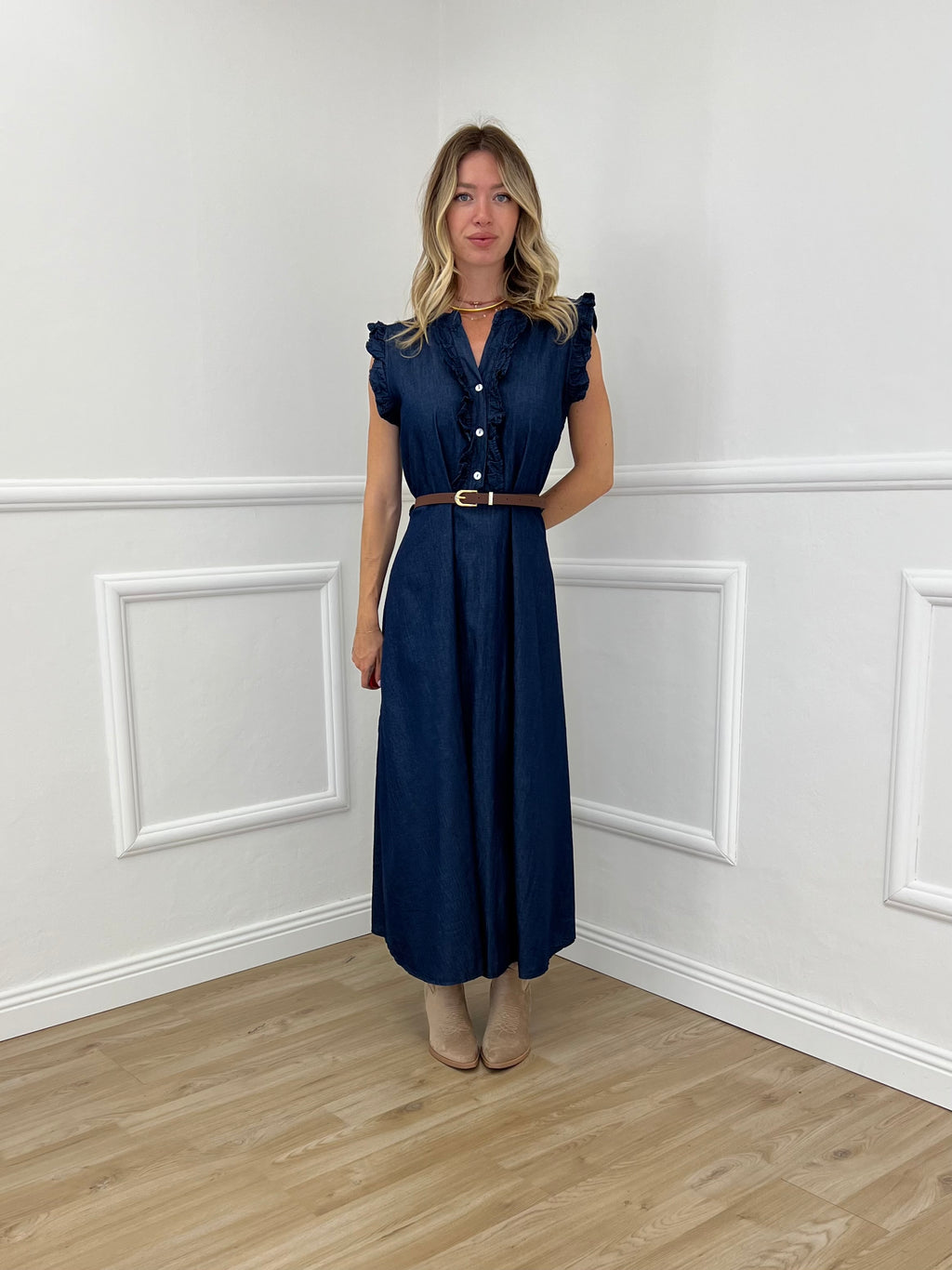 Abito Lungo Chambray Rouches 2631 Blu