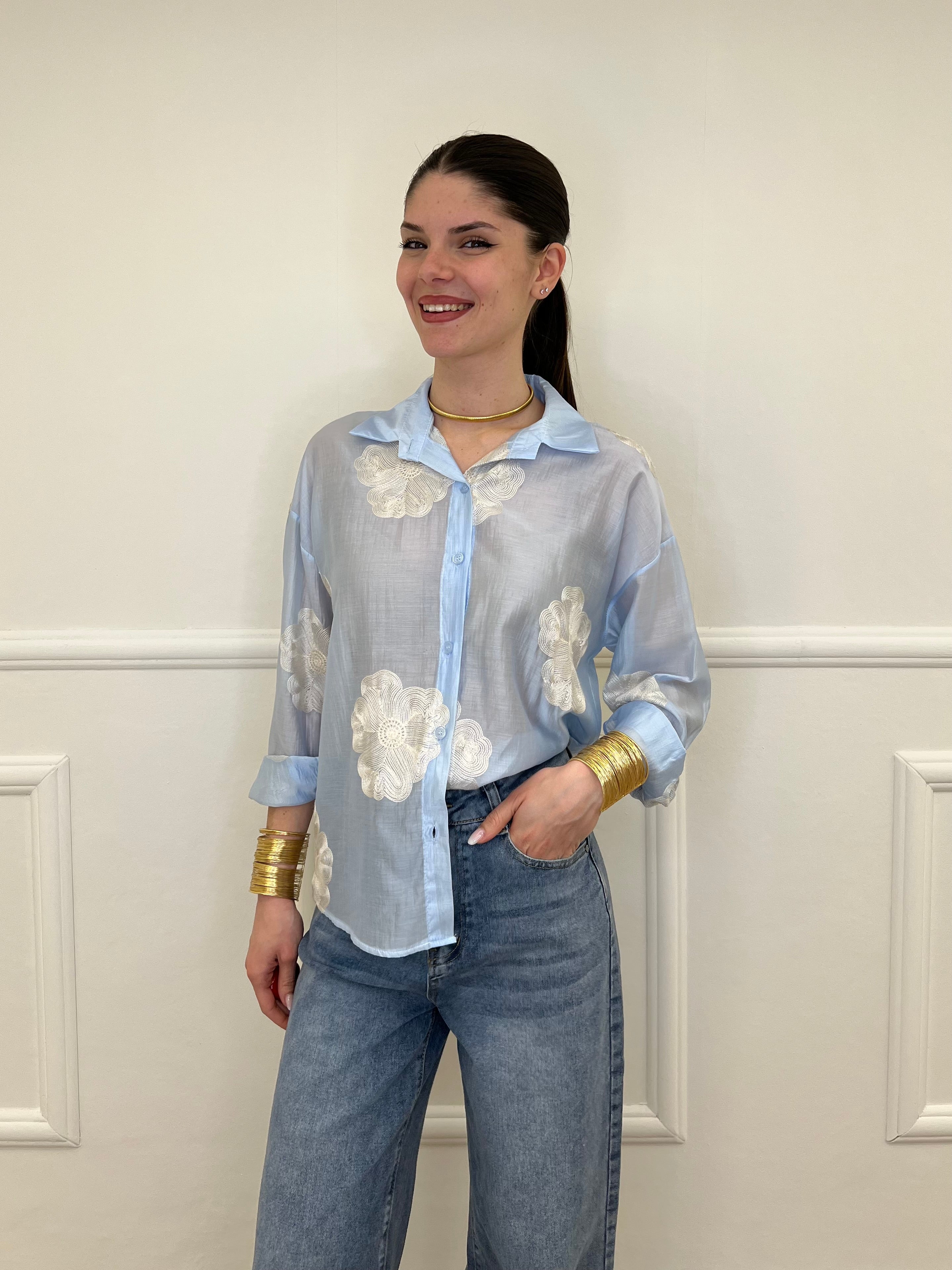 Camicia Tencel Ricami 7357 Azzurro