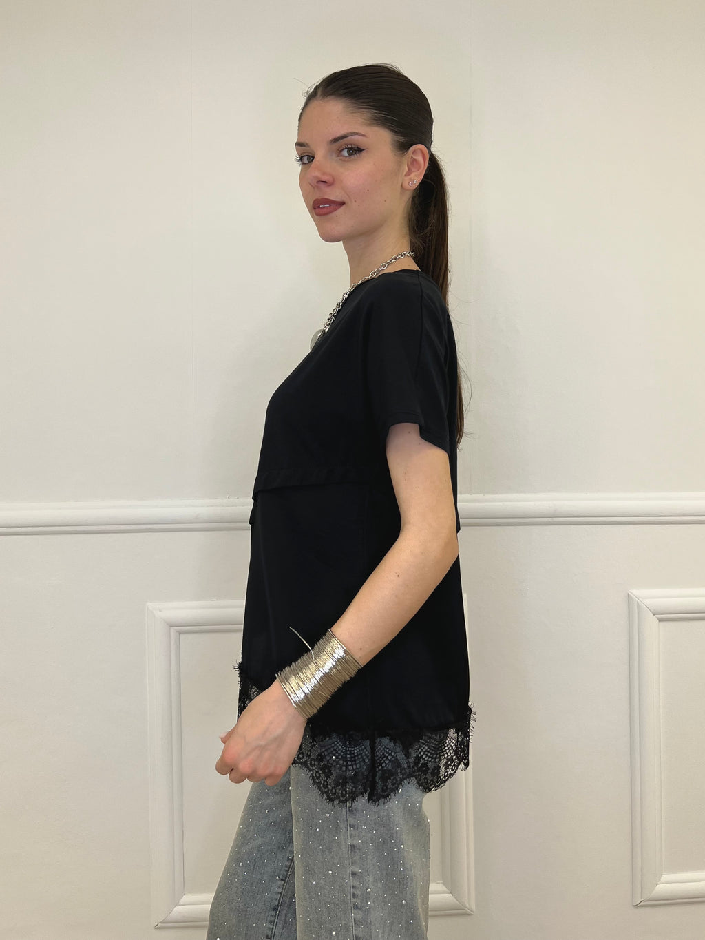Maglietta Combinata Con Pizzo 20611 Nero