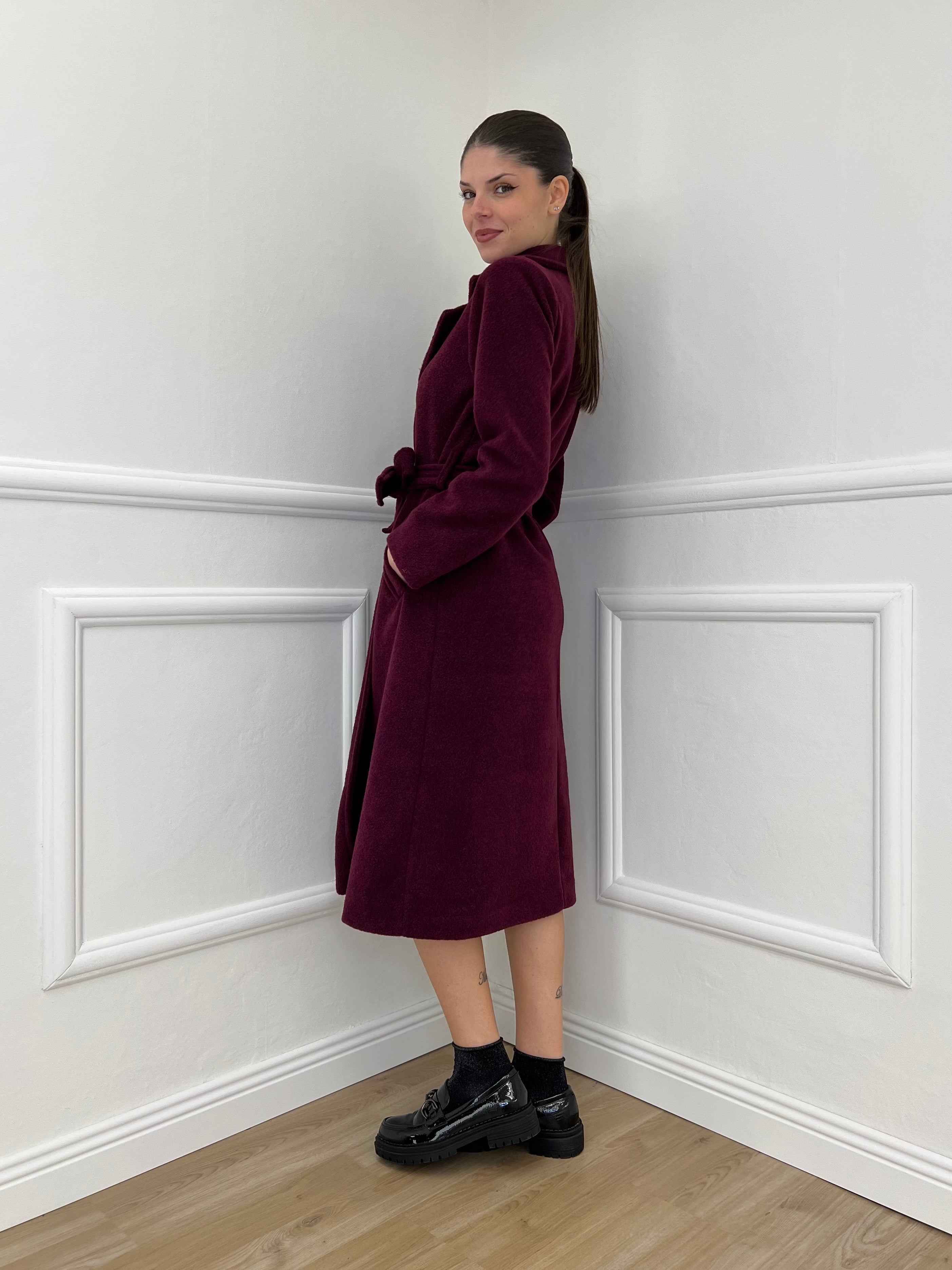 Cappotto Bouclé Cintura 91022 Burgundy