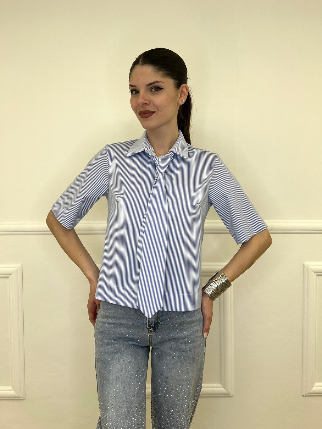 Camicia Righe Con Cravatta 12272 Azzurro