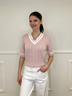 Maglia Trecce Profili a Contrasto 9467 Rosa e Bianco