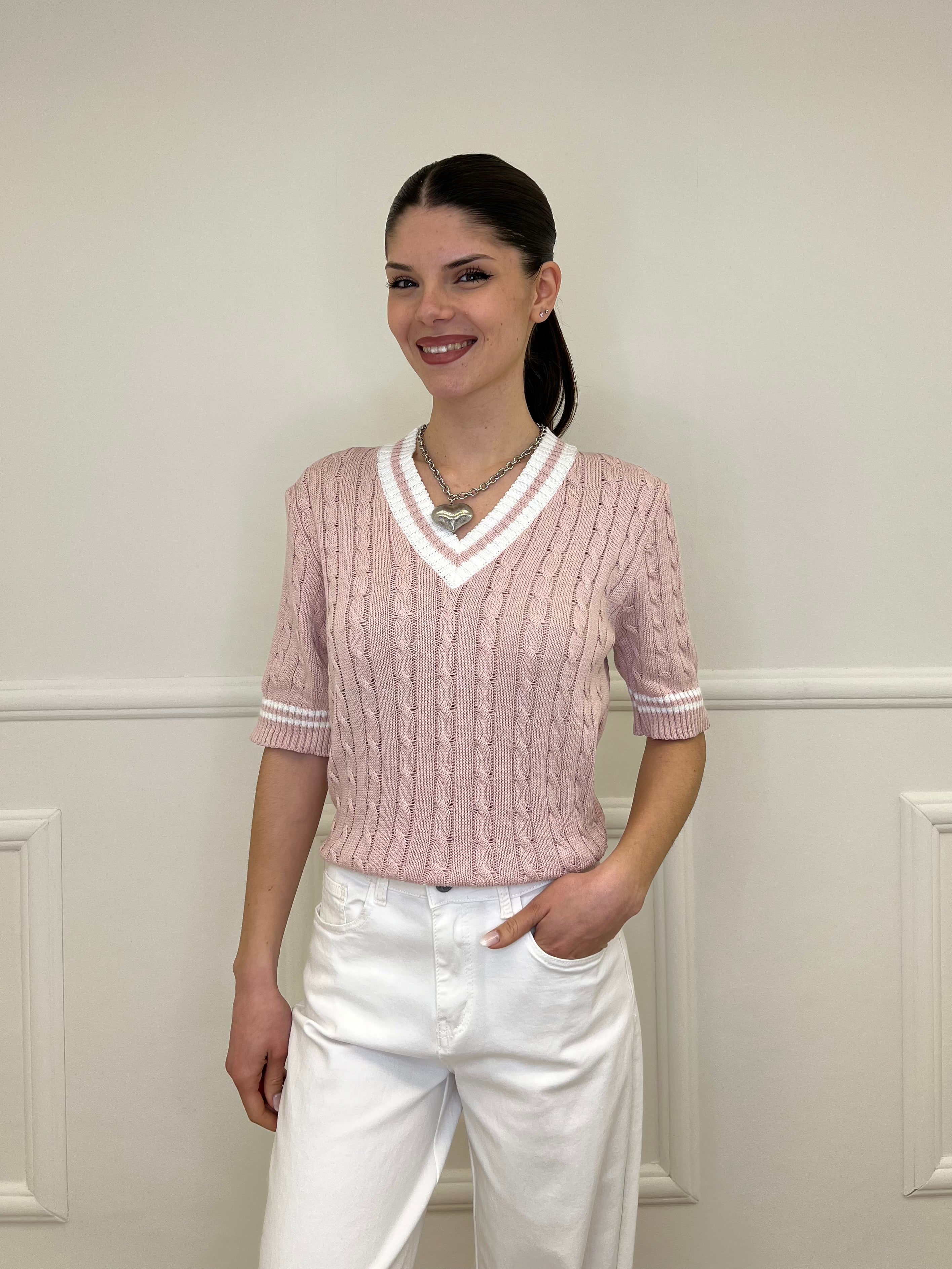 Maglia Trecce Profili a Contrasto 9467 Rosa e Bianco