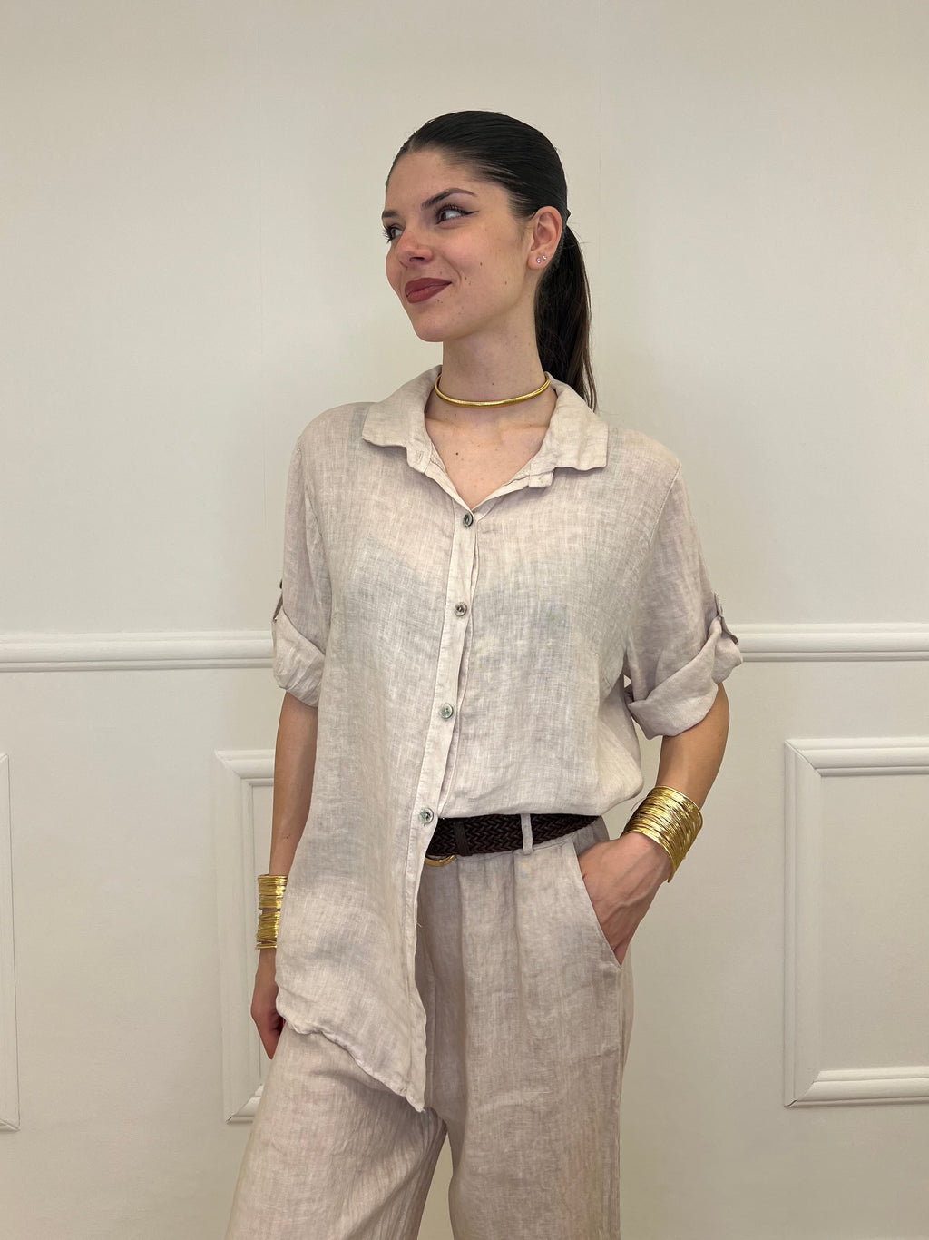 Camicia Maniche 3/4 in Lino 89517 Beige