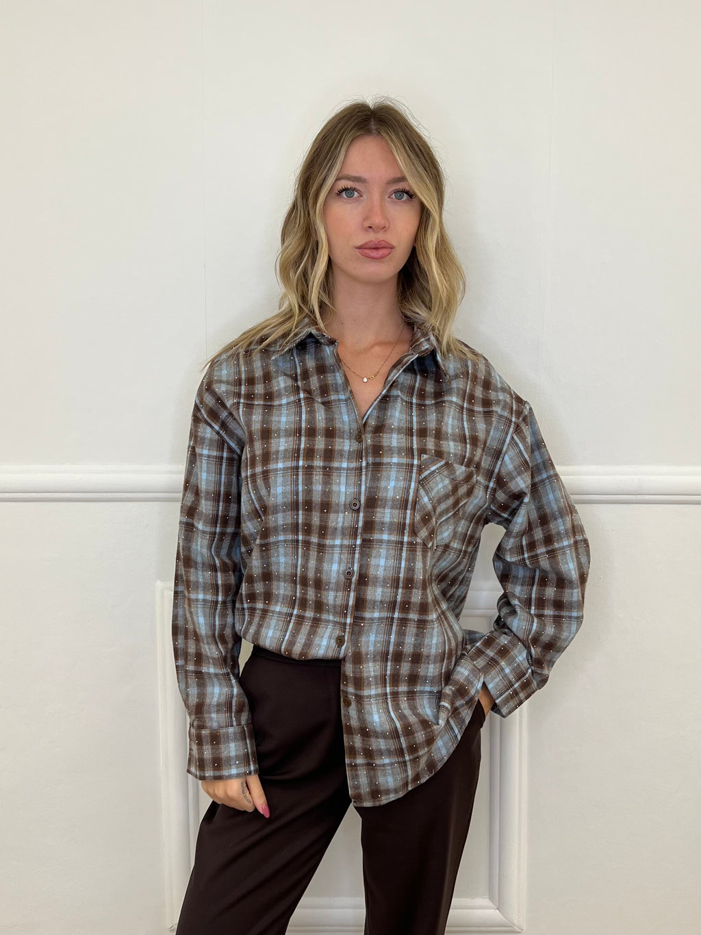 Camicia Check Strass 19108 Azzurro e Marrone