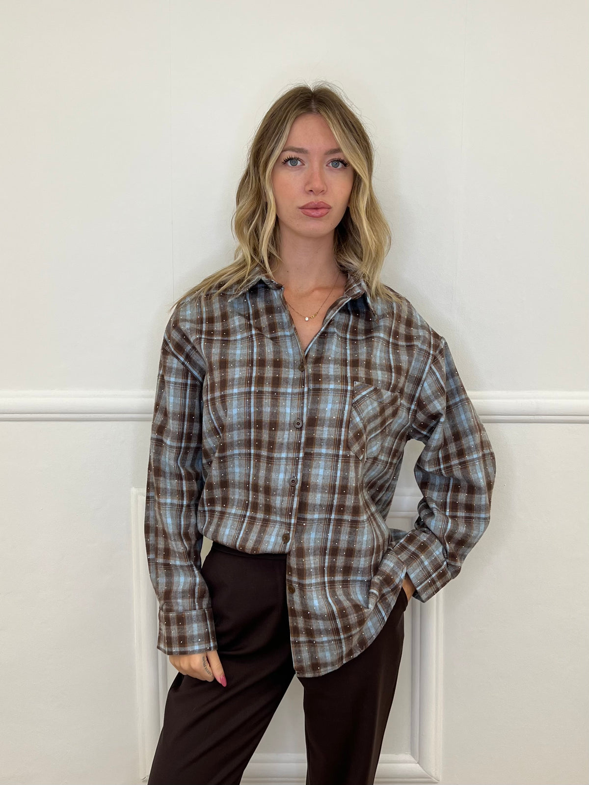 Camicia Check Strass 19108 Azzurro e Marrone