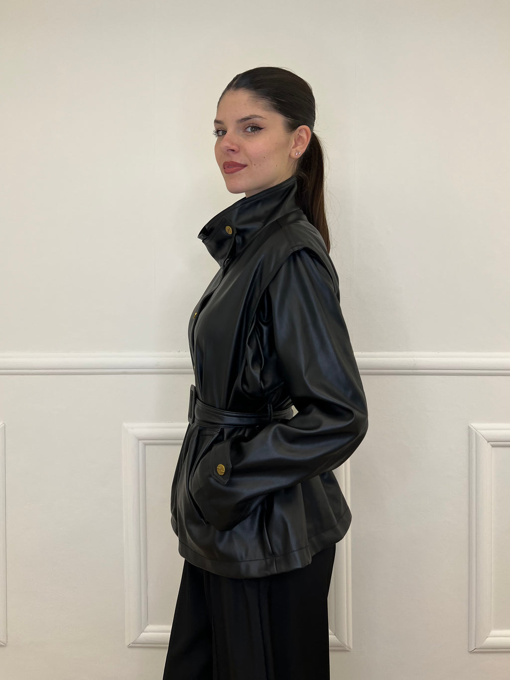 Giacca Over Eco Pelle Cintura 30197 Nero