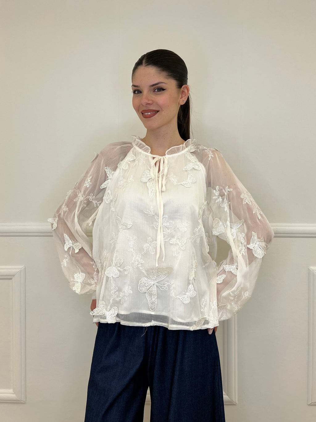 Blusa Ricami Farfalle 0281 Panna