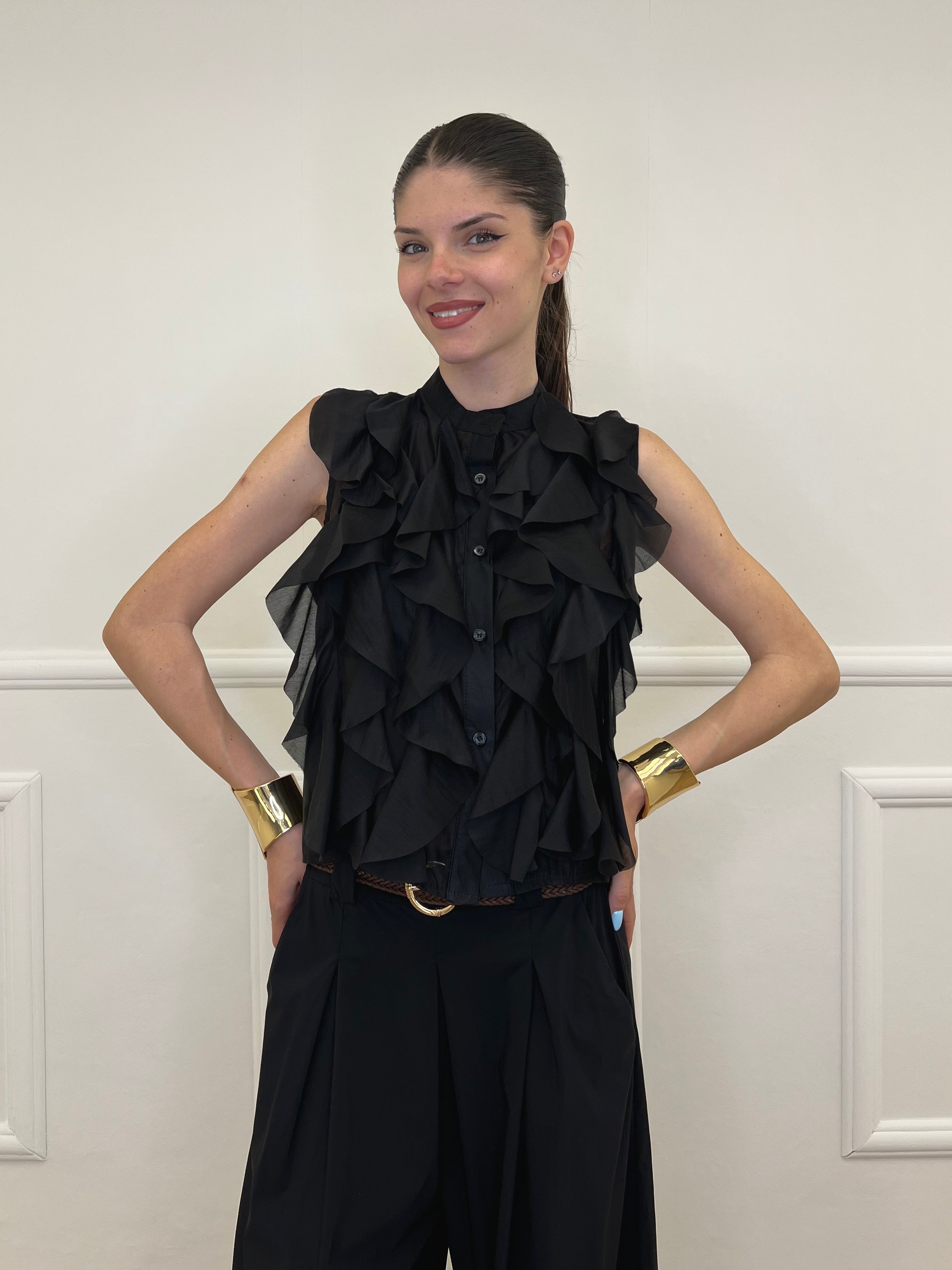 Camicia Smanicata Con Rouches 220-672 Nero