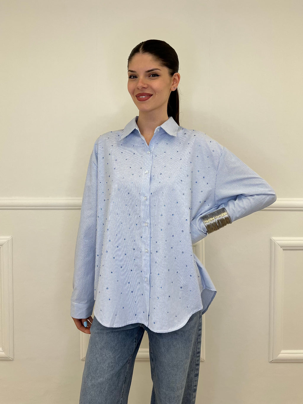Camicia Righe Strass 2514 Azzurro