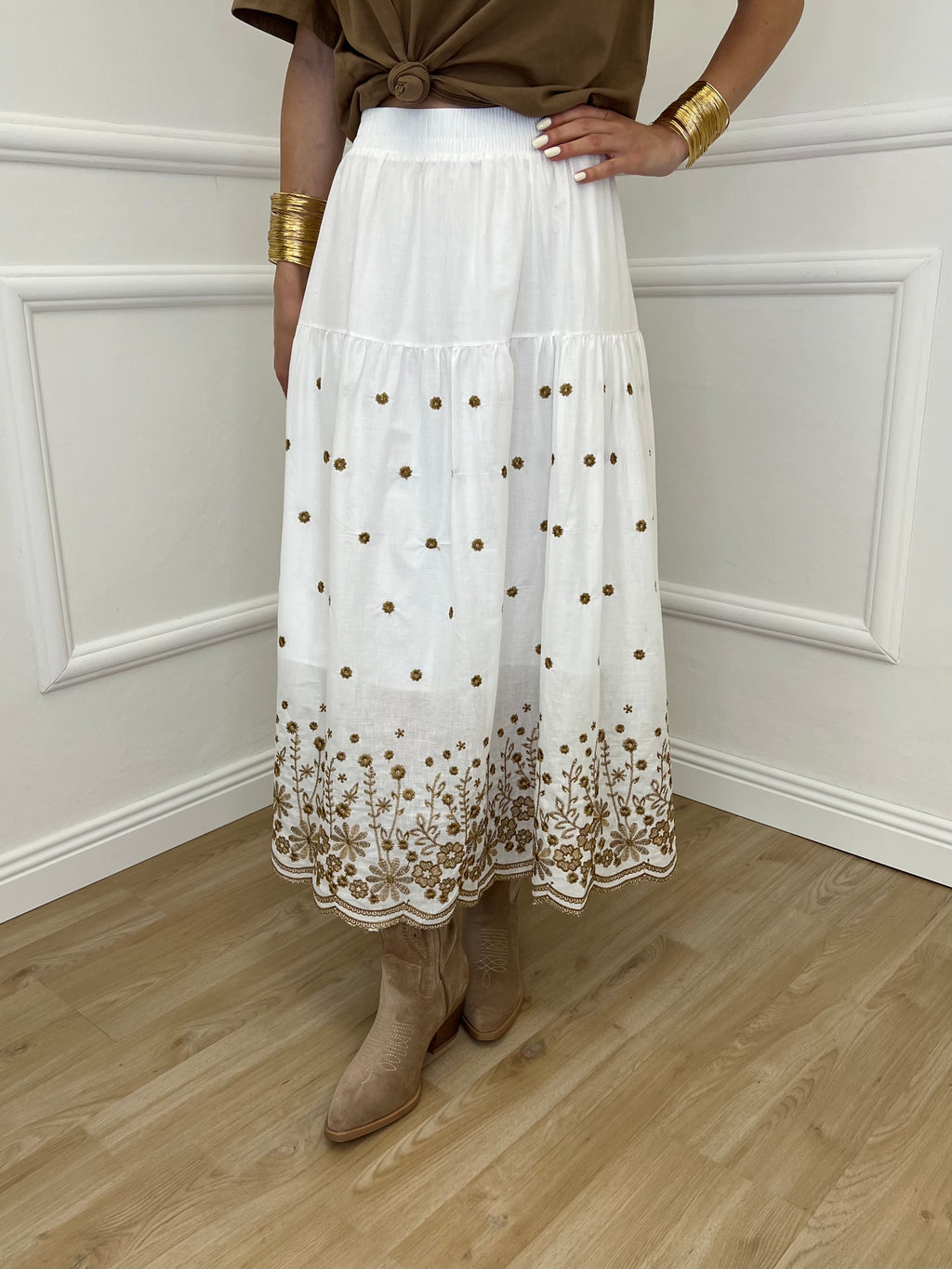 Gonna Midi Cotone Ricami 50138 Bianco