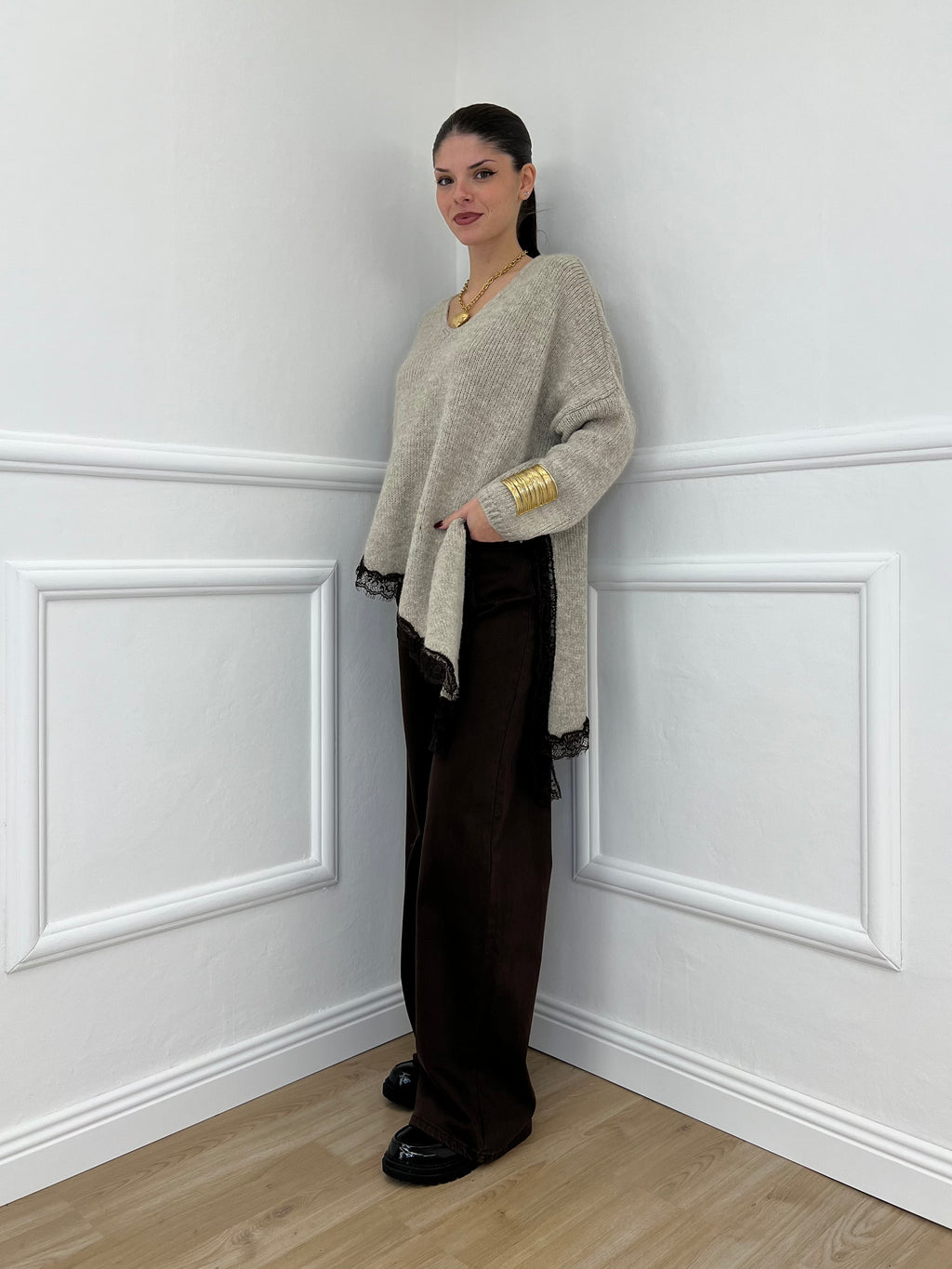 Maglia Asimmetrica Pizzo 25743 Ecru