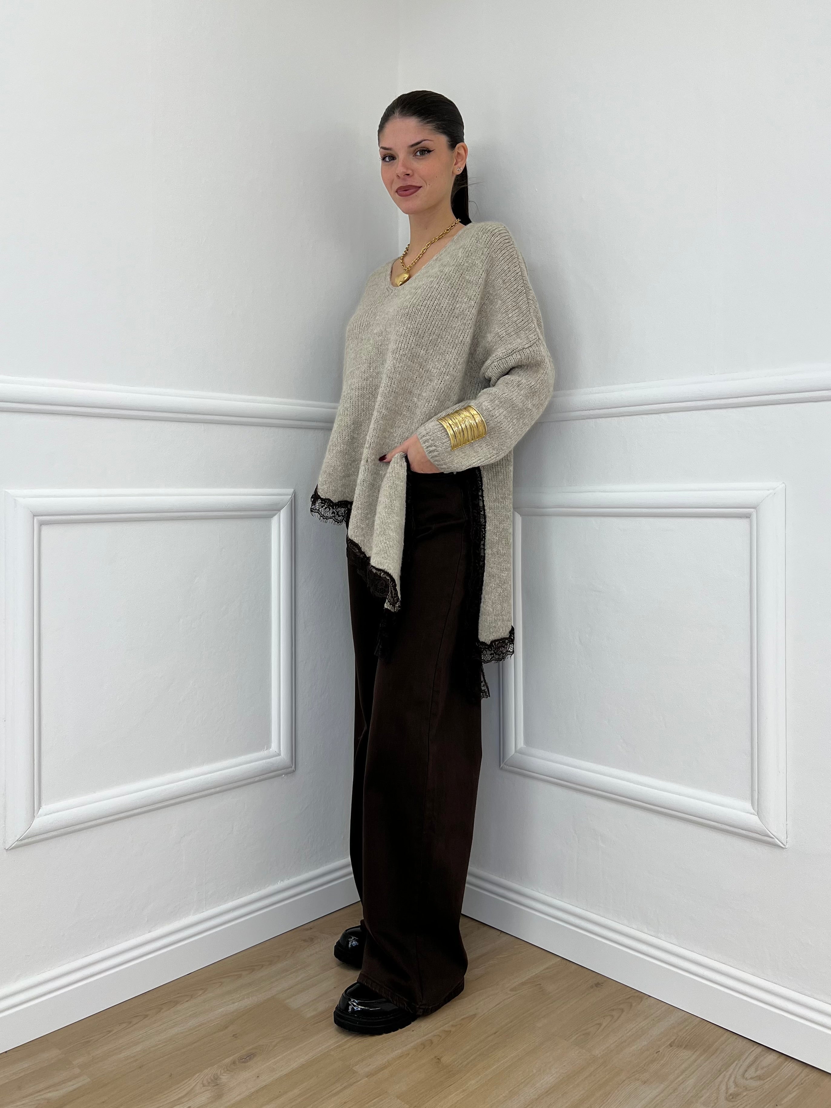 Maglia Asimmetrica Pizzo 25743 Ecru