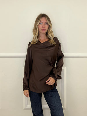 Blusa Satinata con Nodo e Drappeggio 20072 Marrone