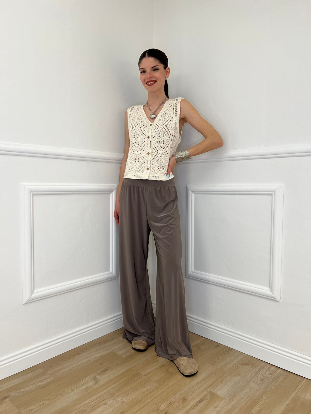 Gilet Traforato Ricami e Paillettes 32550 Ecru
