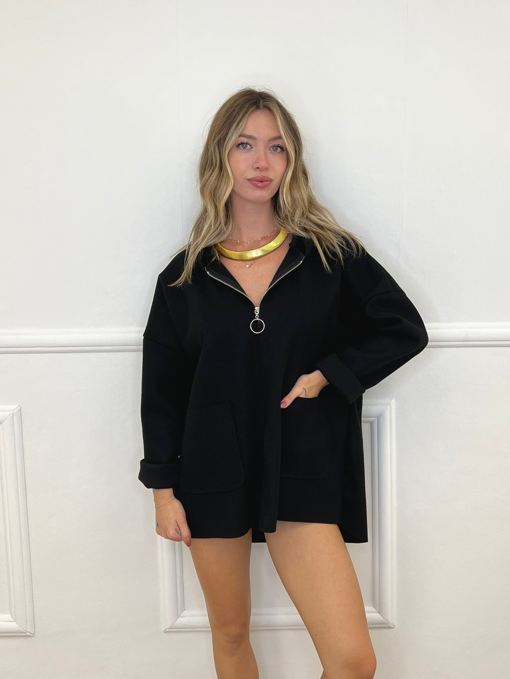Maxi Giacca in Panno con Zip 5075 Nero