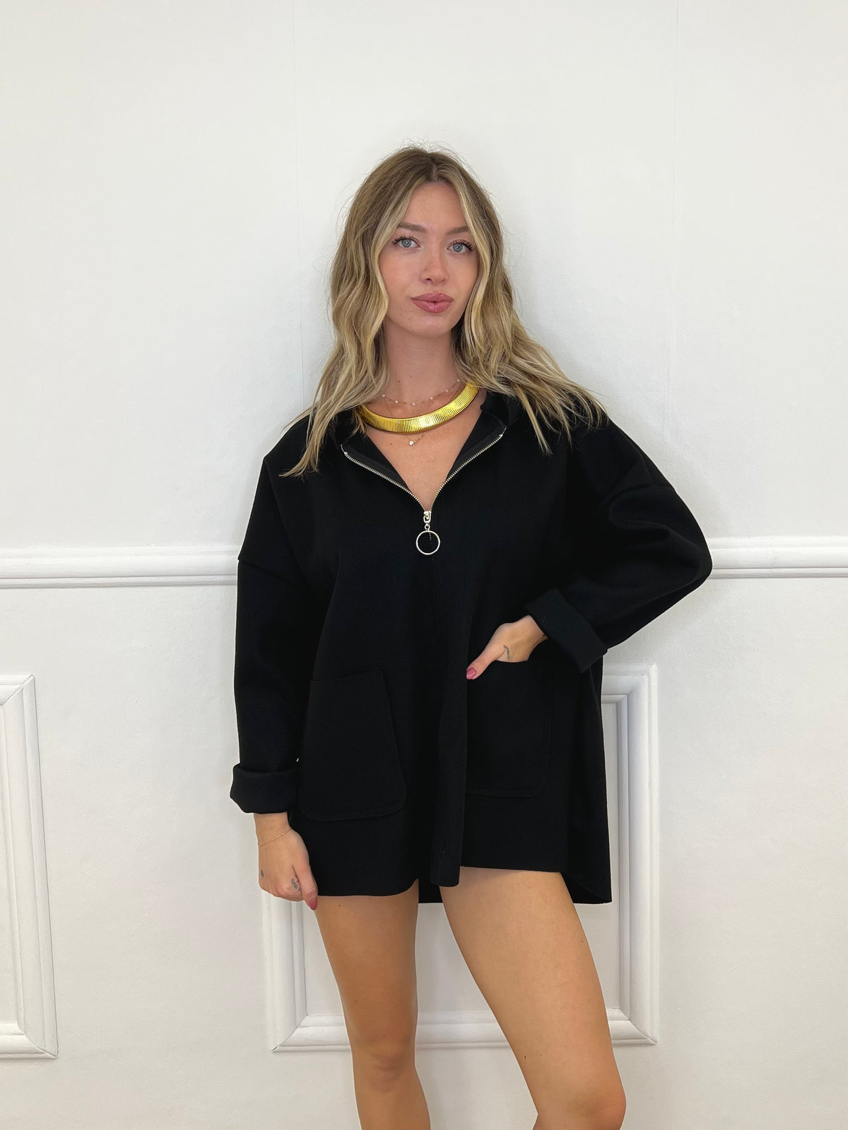 Maxi Giacca in Panno con Zip 5075 Nero