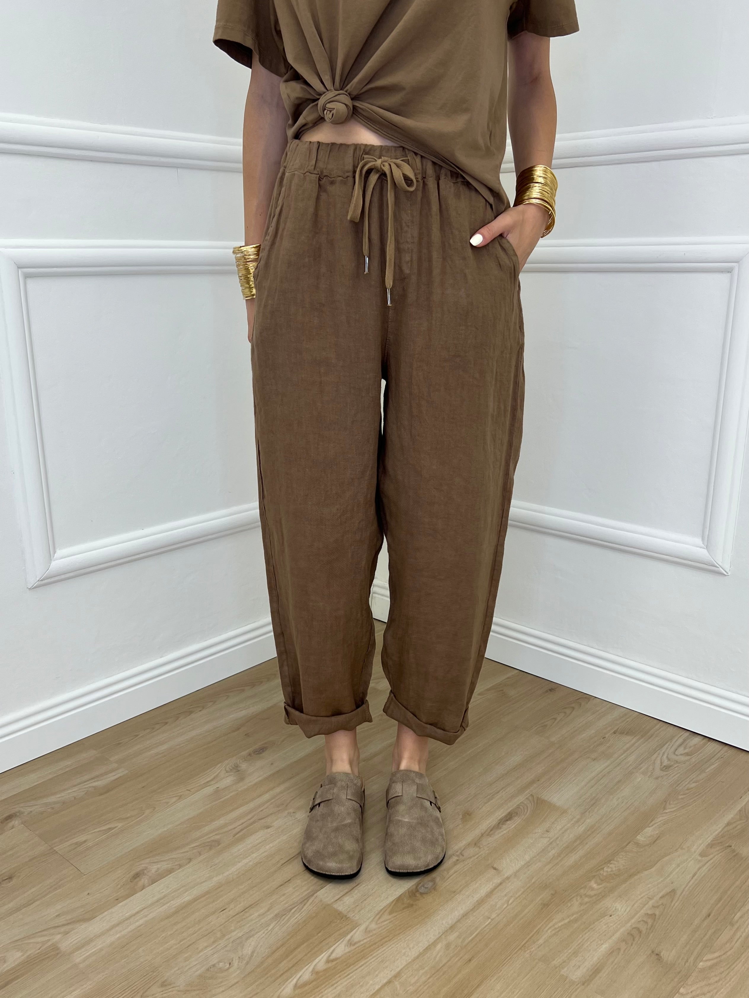 Pantalone Baggy Lino Coulisse 825772 Khaki