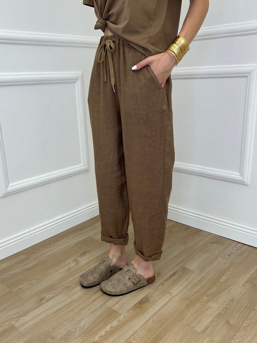 Pantalone Baggy Lino Coulisse 825772 Khaki