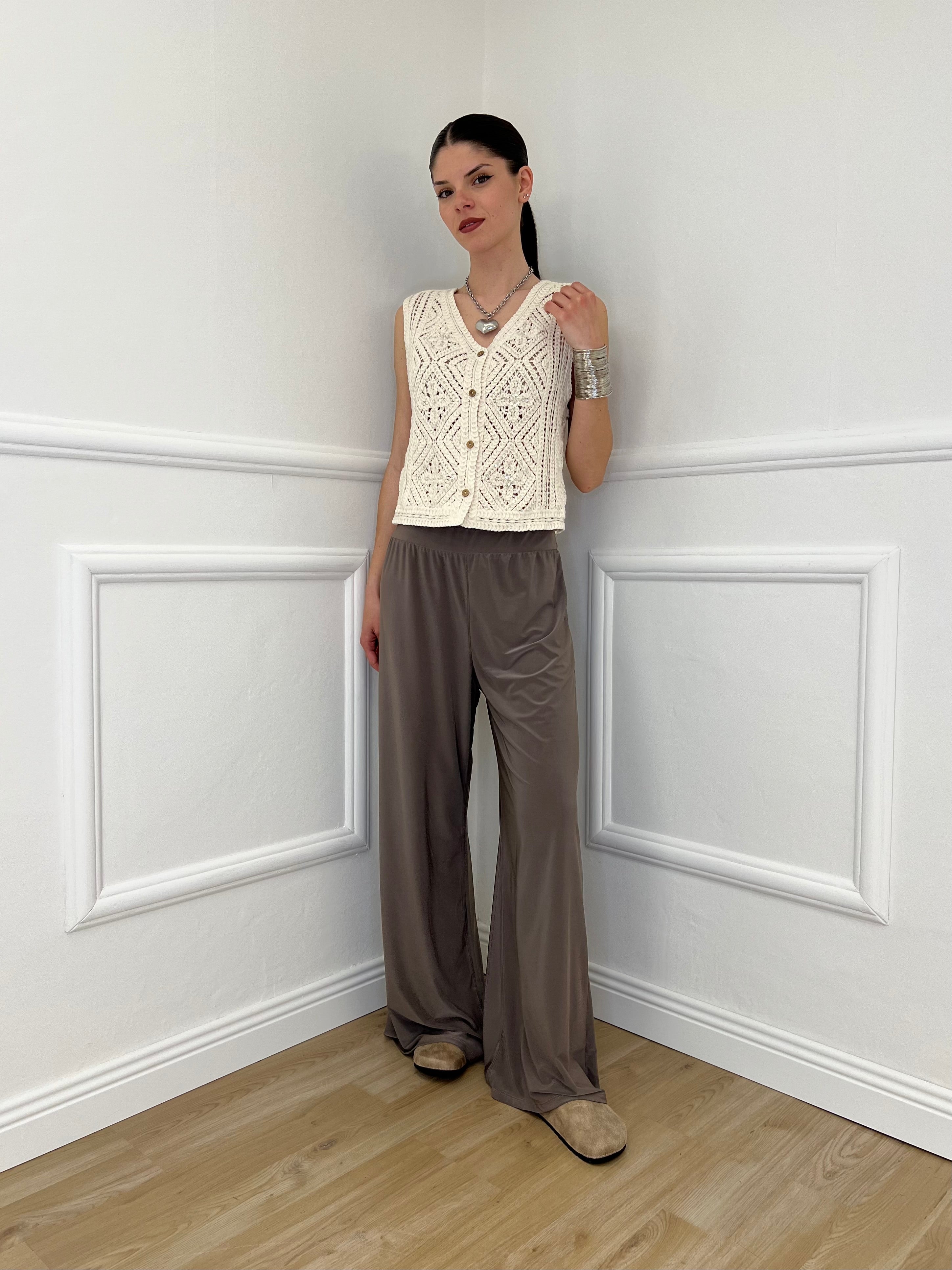 Gilet Traforato Ricami e Paillettes 32550 Ecru