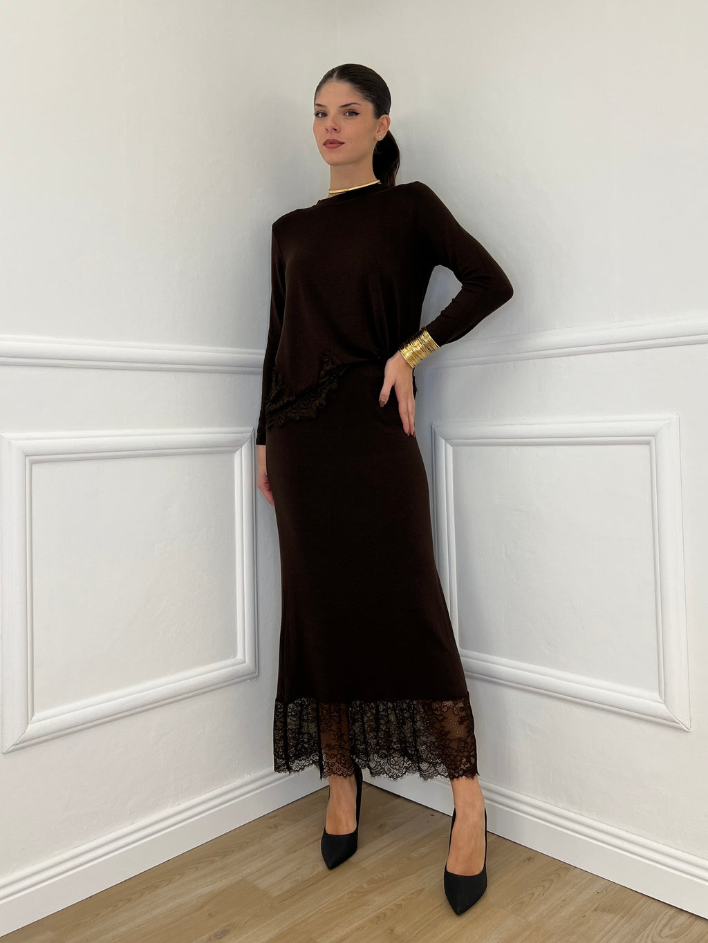 Gonna in Maglia Pizzo 2187 Moro