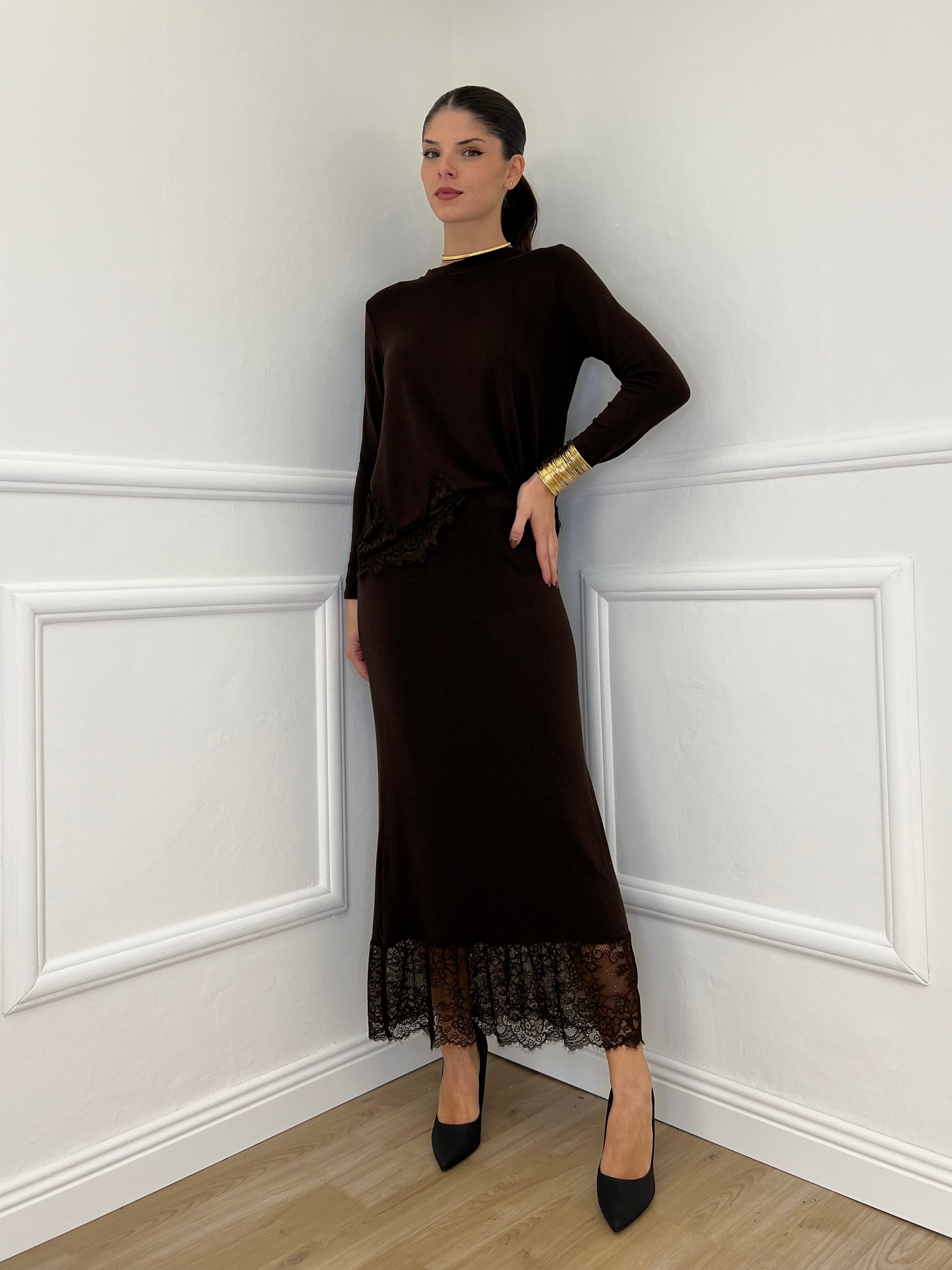 Gonna in Maglia Pizzo 2187 Moro