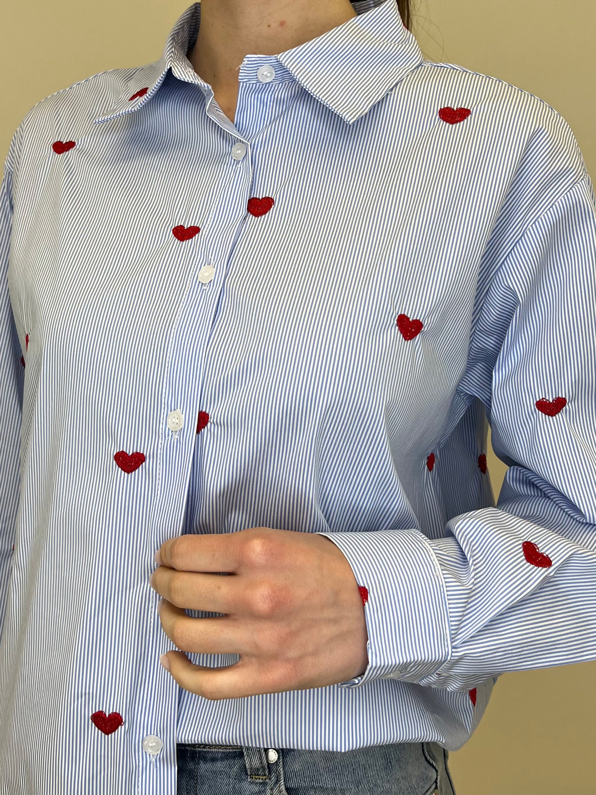 Camicia Cuori Bastoncino HQ045 Azzurro e Rosso