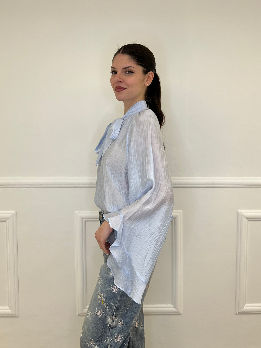 Camicia in Tencel con Fiocco 2608 Azzurro