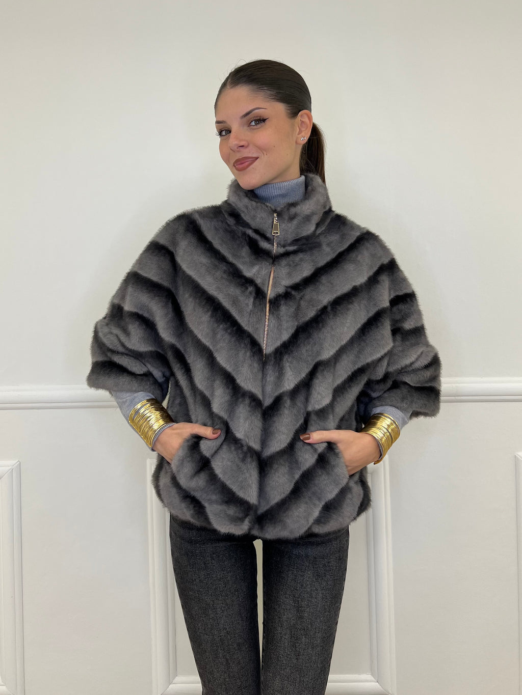 Chevron Fur Coat C037 Grey