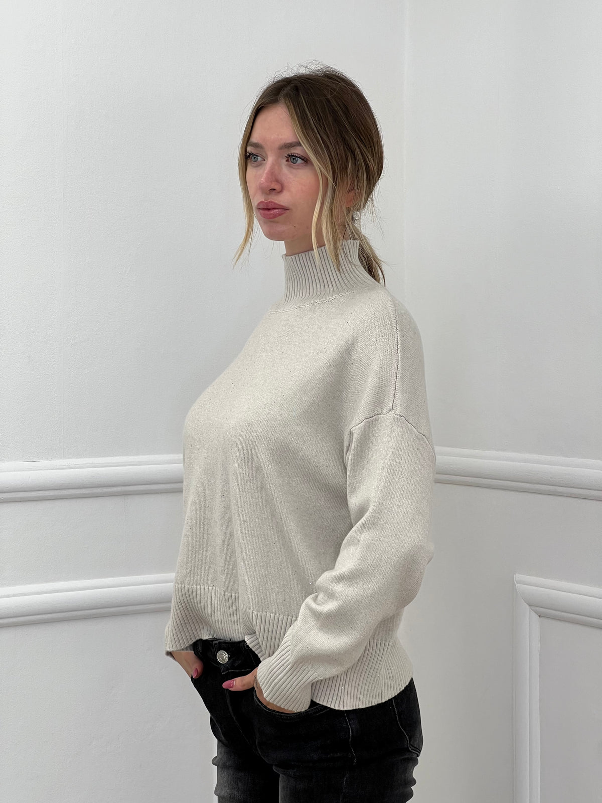 Maglia Vulcano Over Paillettes 7366 Ecru