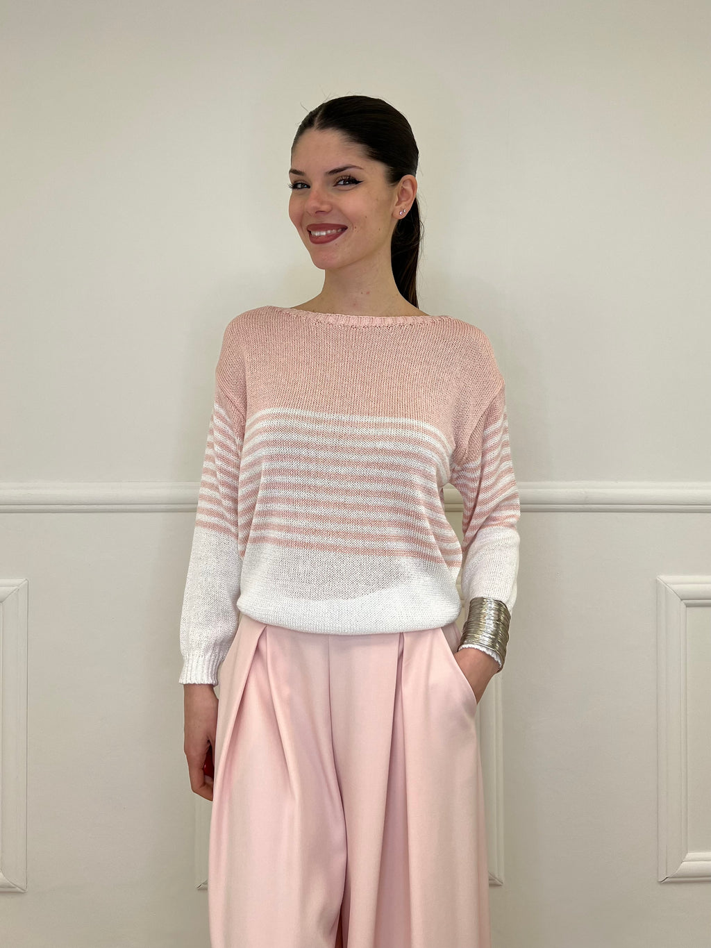 Maglia a Righe Bicolore 26001 Rosa e Bianco