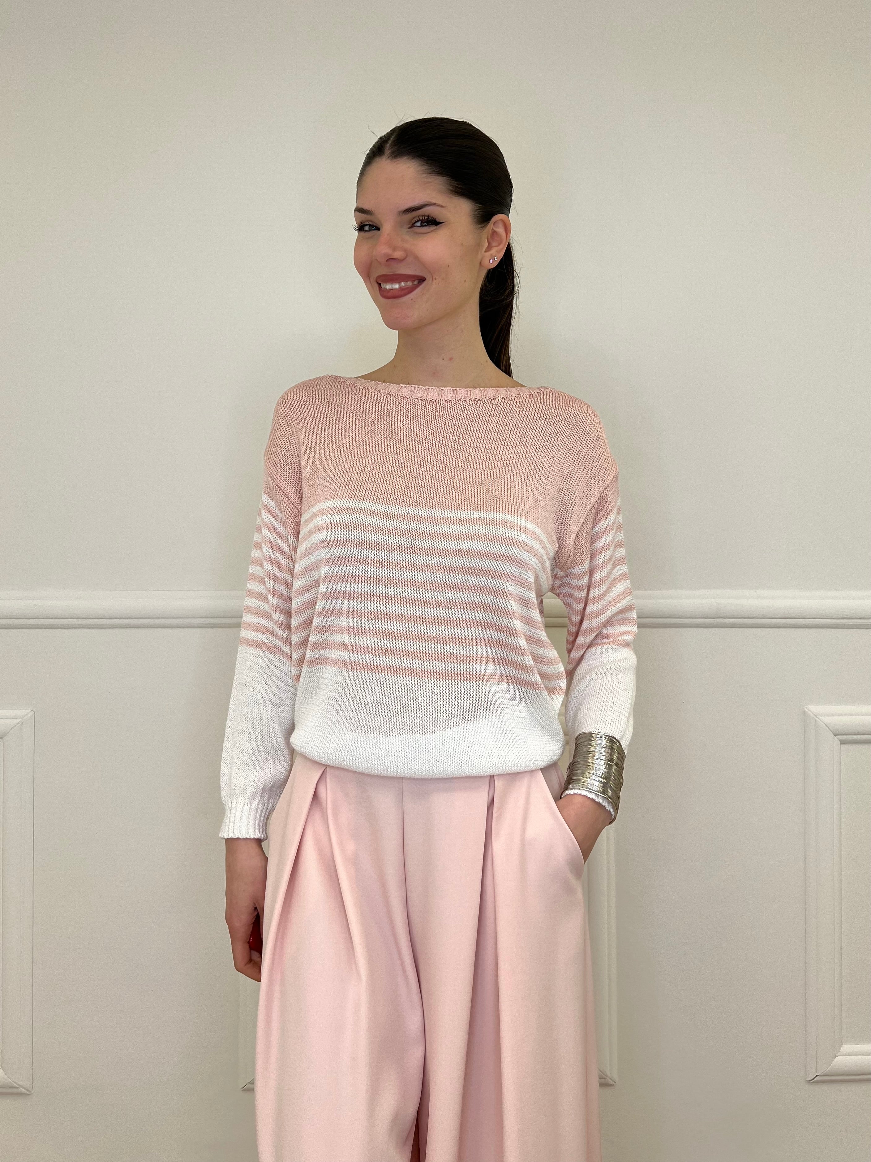 Maglia a Righe Bicolore 26001 Rosa e Bianco