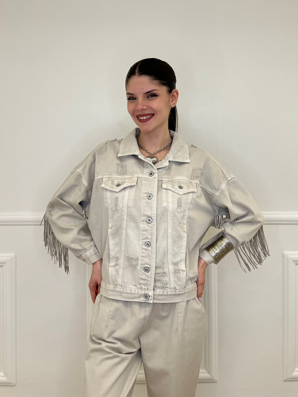 Giacca Denim con Frange e Ricami 9597 Beige